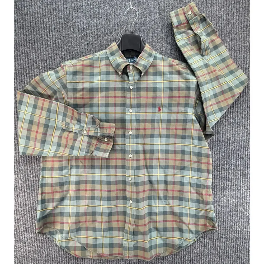 Polo Ralph Lauren Classic Fit Mens XXL Sage Green Plaid Button Shirt Cotton